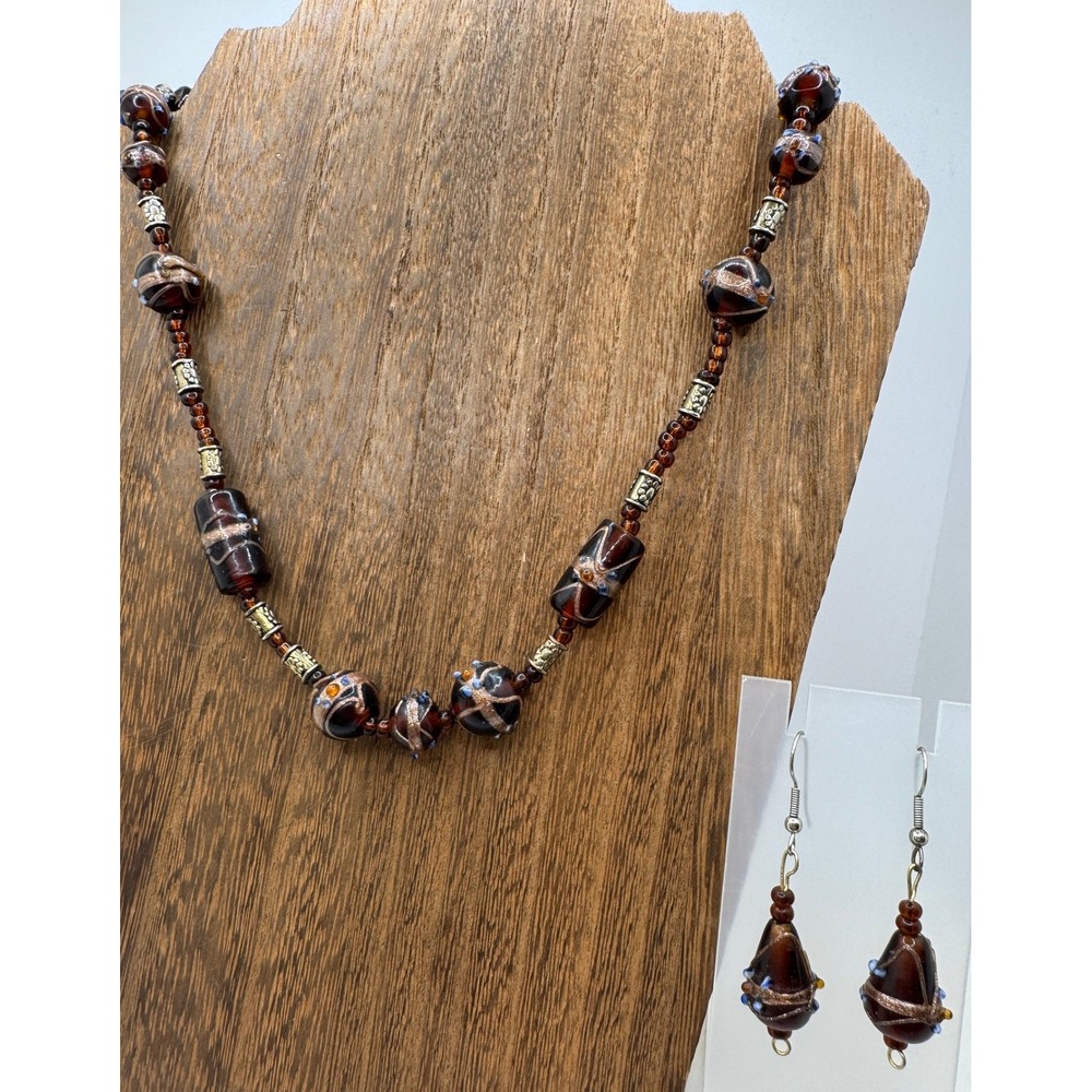 Artisan Brown Lampwork Glass Bead Necklace and Dangle Earring Set Boho